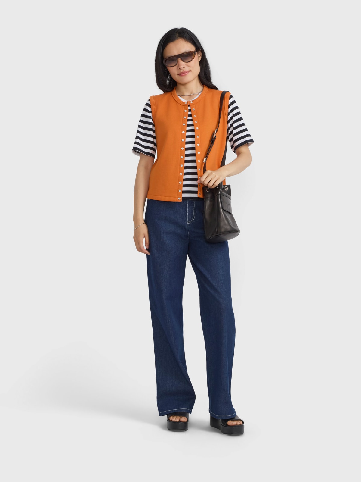 Azur orange sleeveless cotton snap-front cardigan