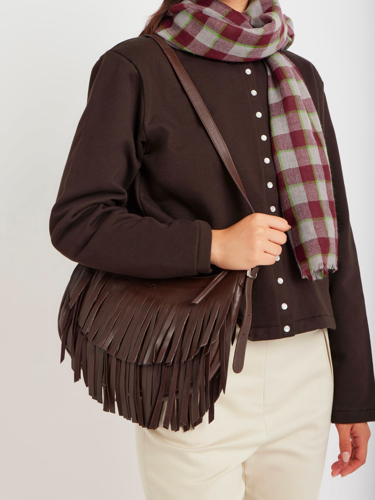 brown leather Awa fringe bag