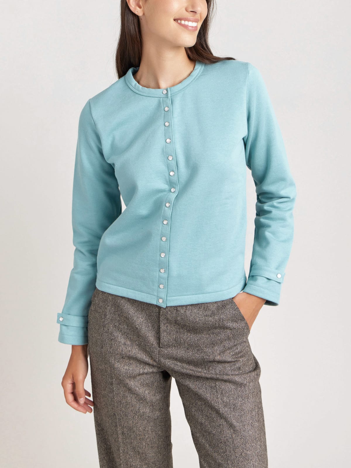 cardigan pression Rosana en molleton de coton bleu ming