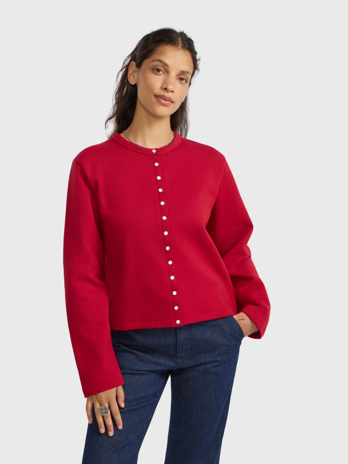 cotton fleece snap cardigan