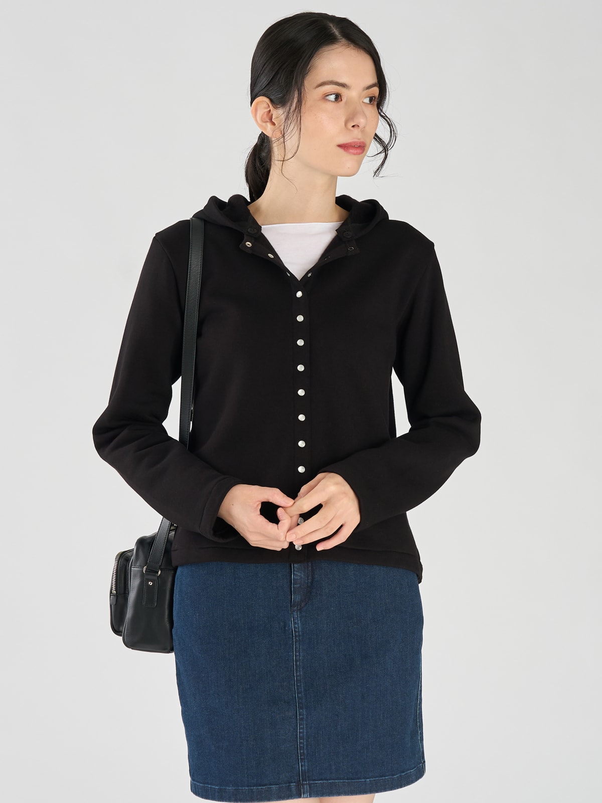 black cotton snap cardigan with removable hood