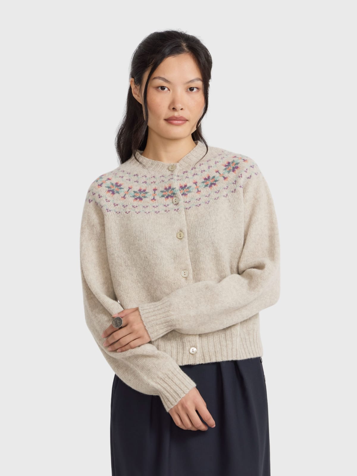 beige wool Kirk fair isle cardigan