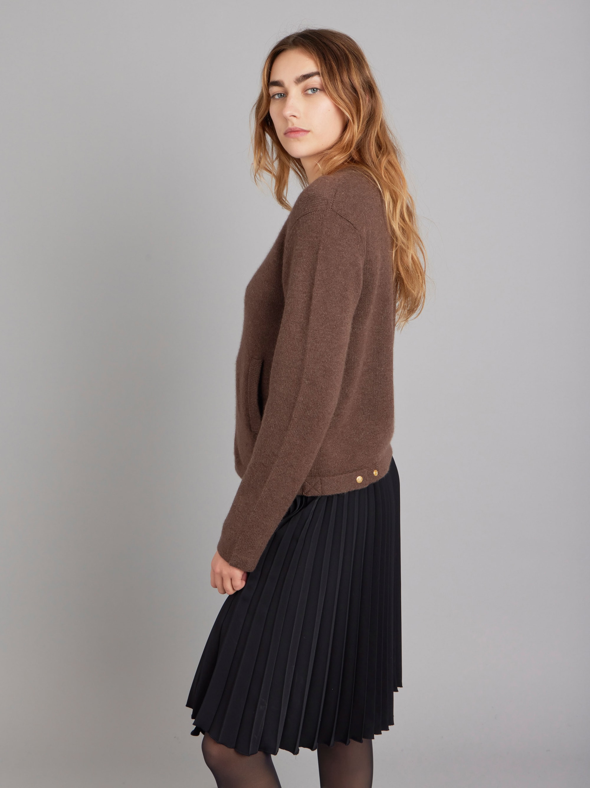 brown cashmere Zip pocket cardigan