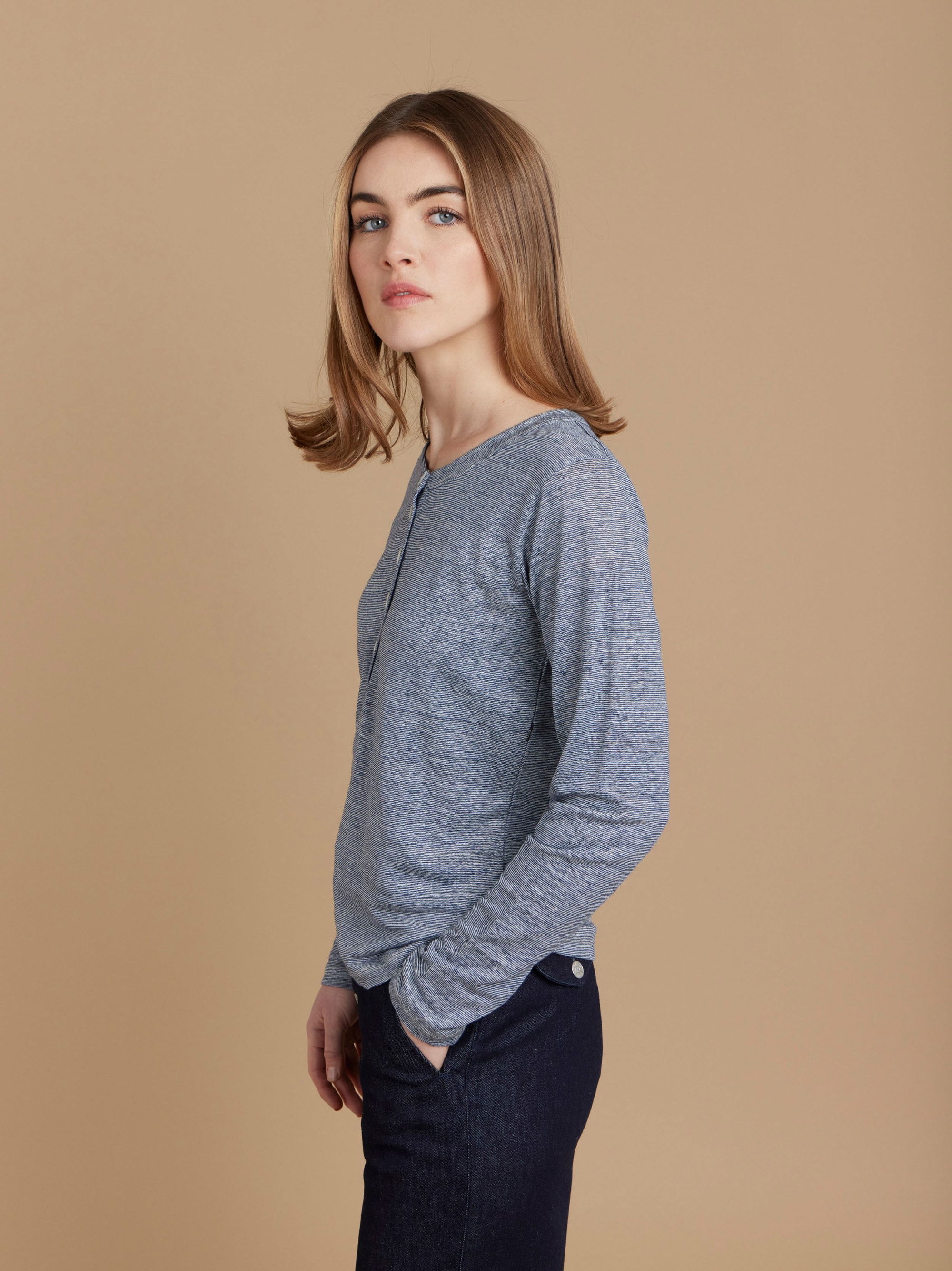 blue linen striped henley neck Agnès t-shirt