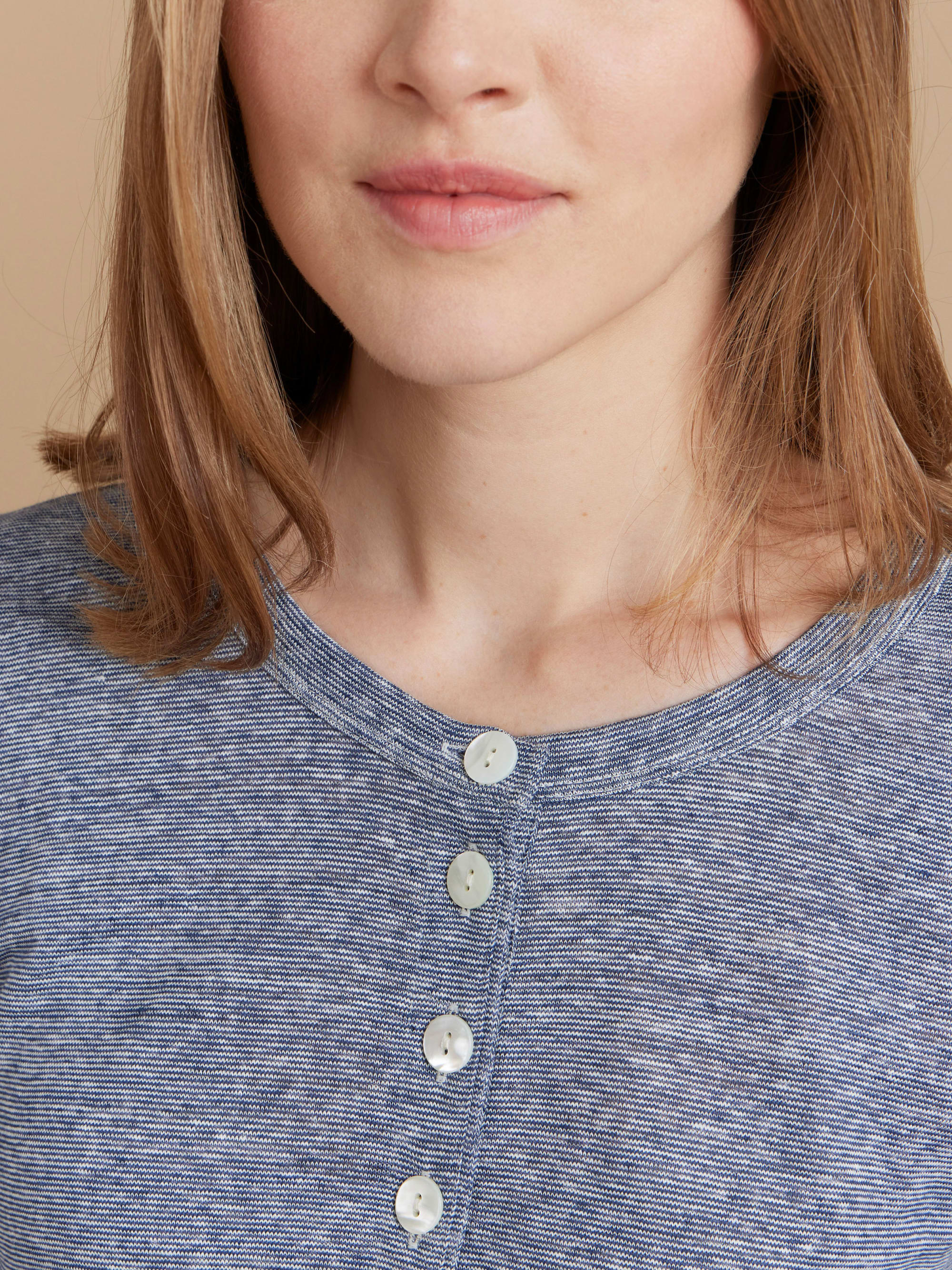 blue linen striped henley neck Agnès t-shirt