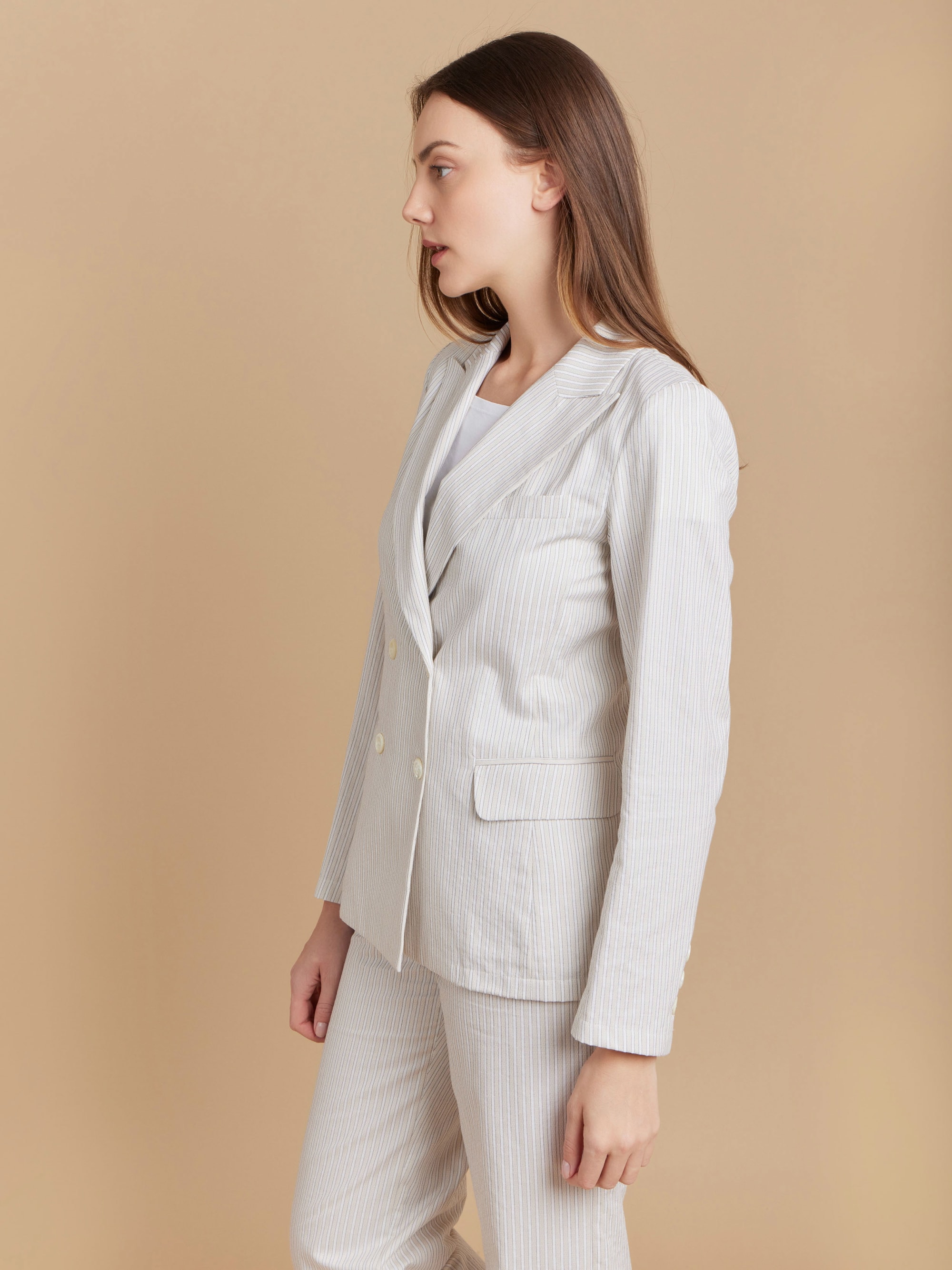 beige woven cotton striped double-breasted jacket