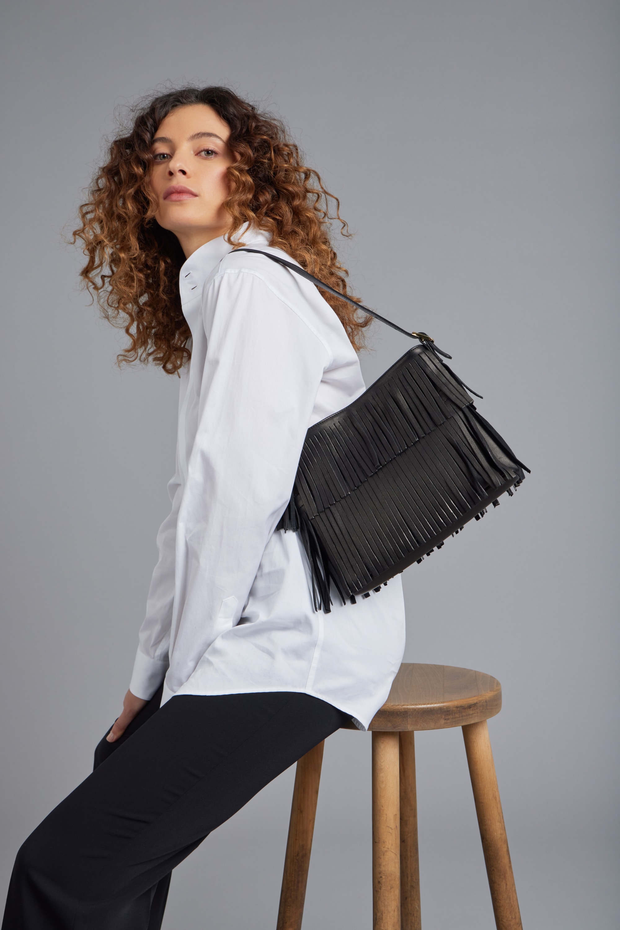 black leather Carmen Fringe Shoulder Bag