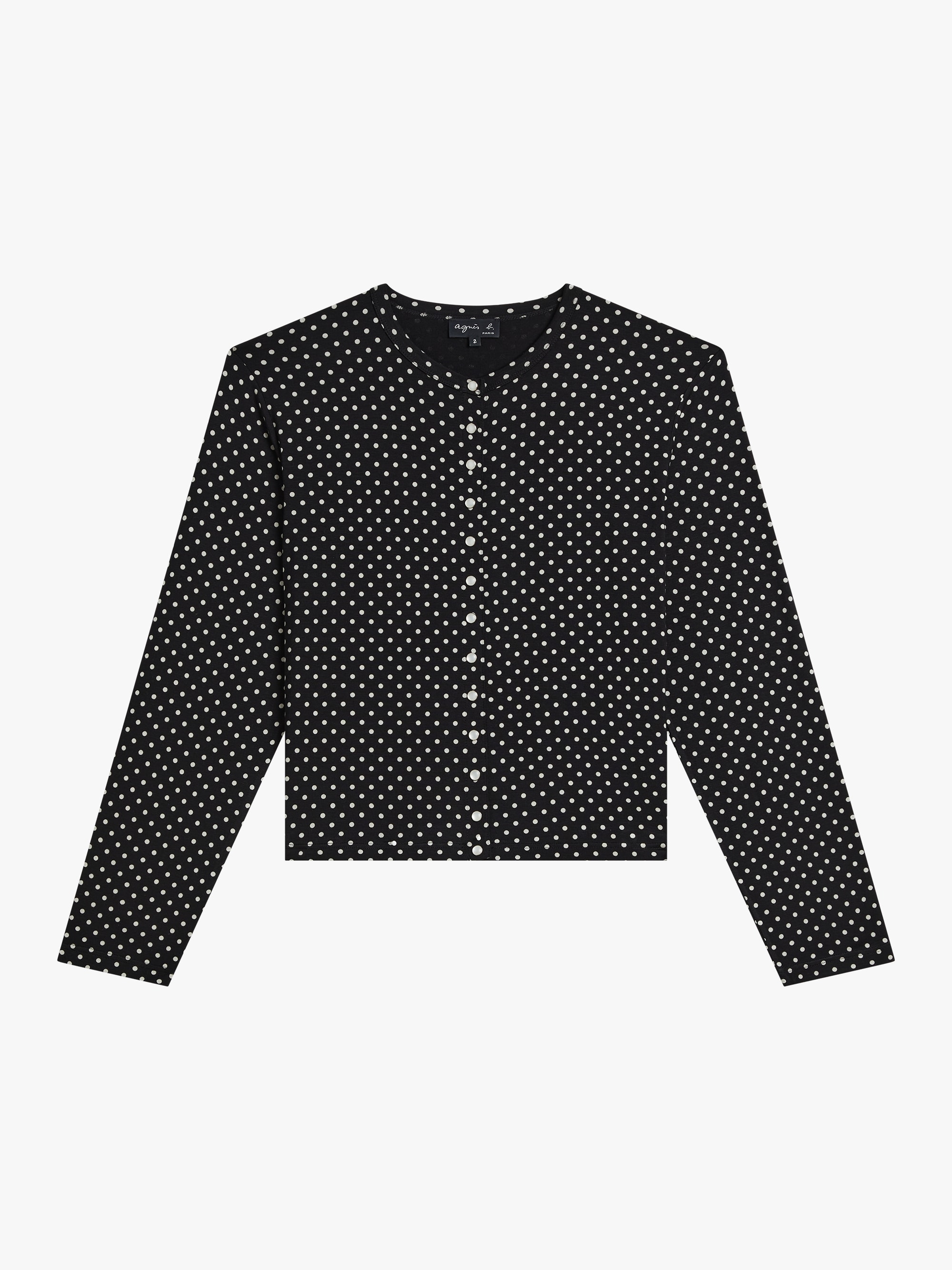 black snap cardigan in polka dot jersey