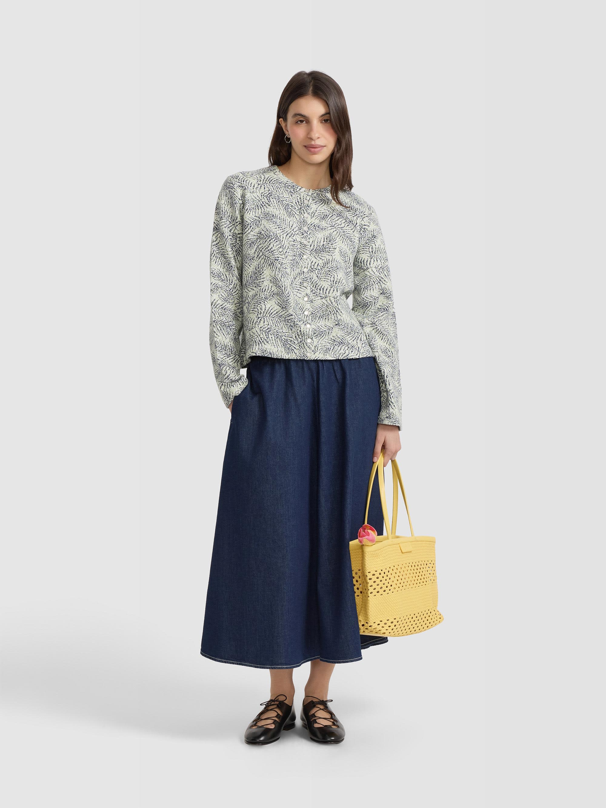 navy and green botanical jacquard snap cardigan