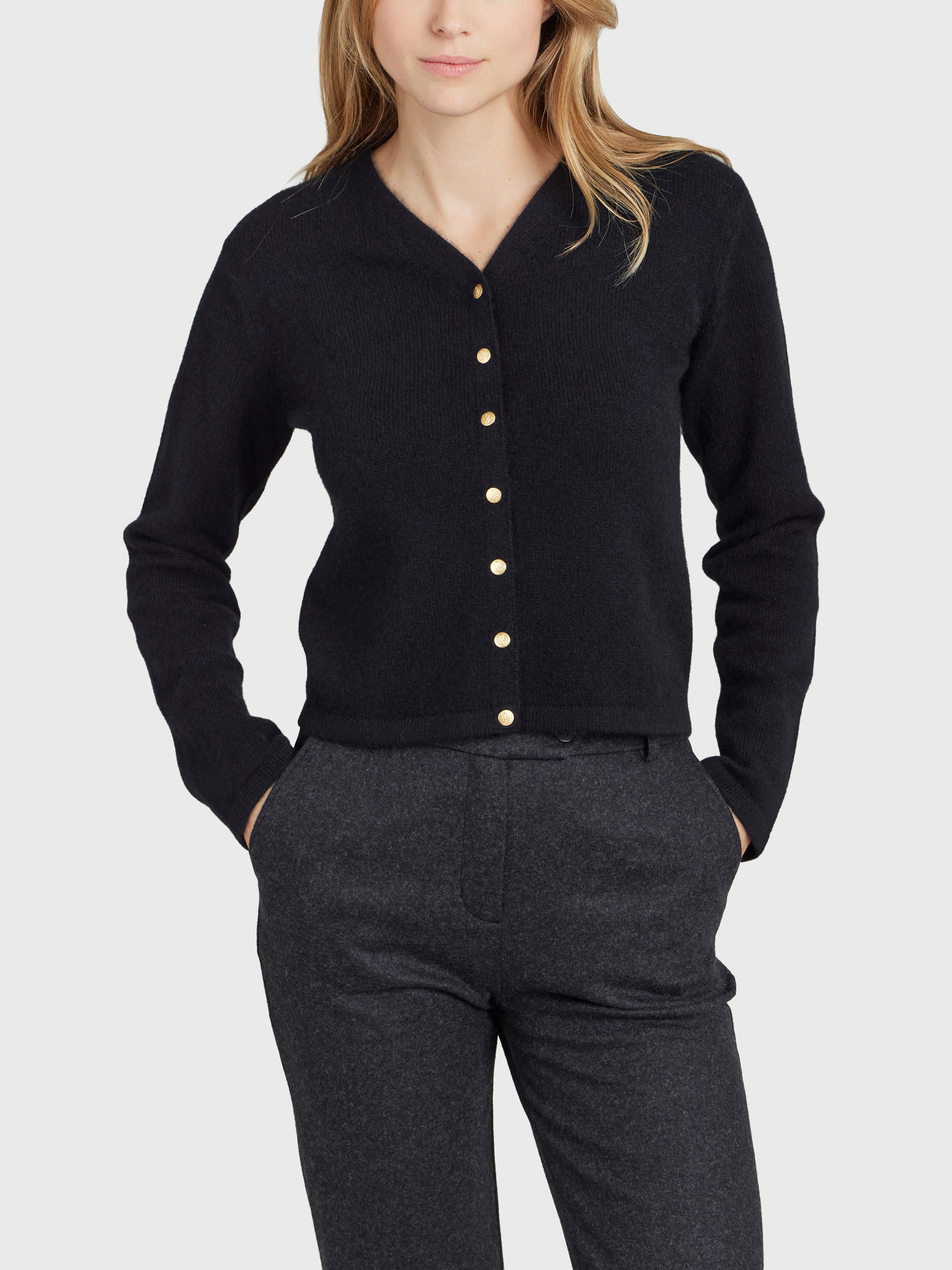 black cashmere snap v-neck cardigan