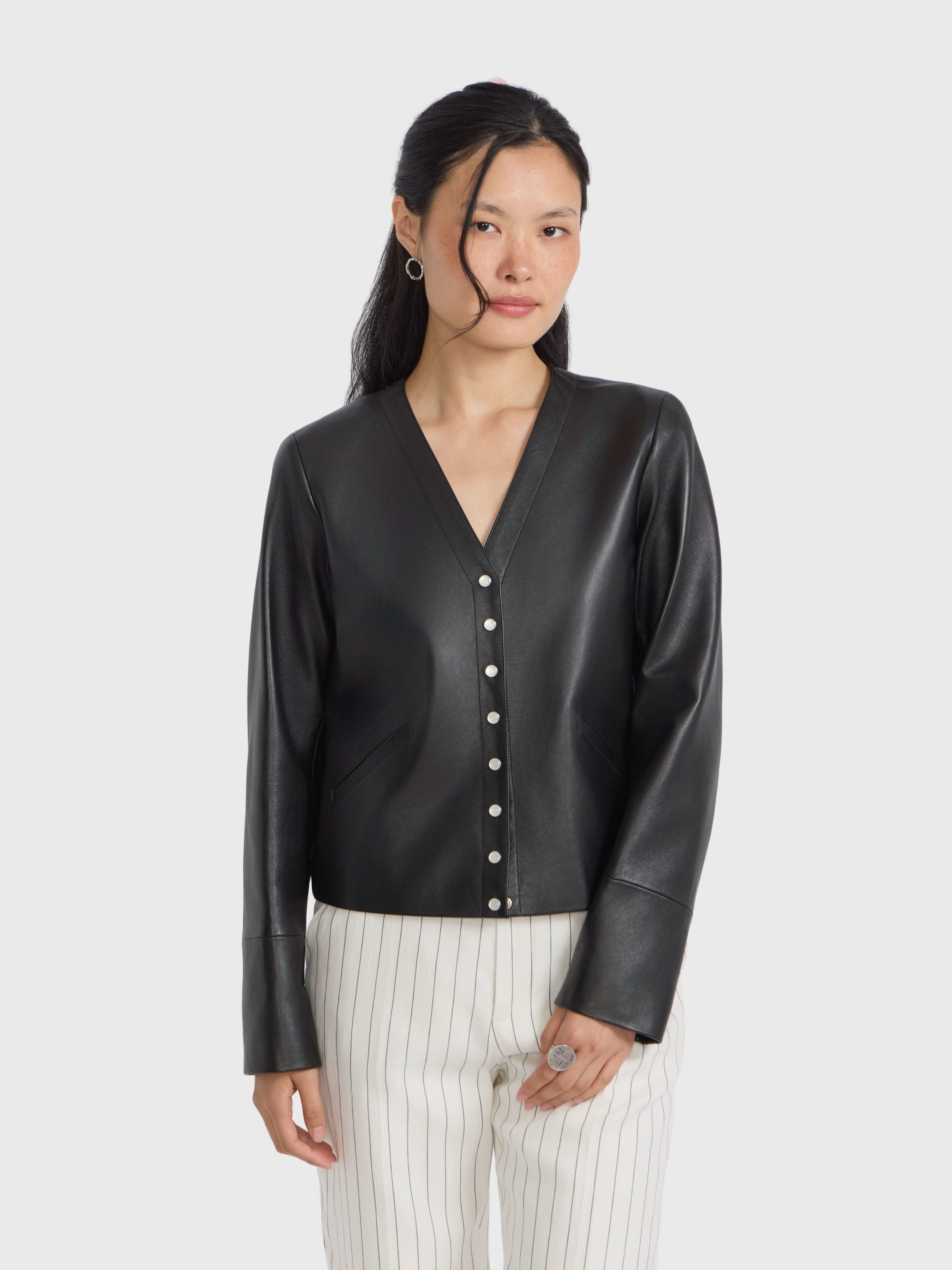 black leather v cardigan