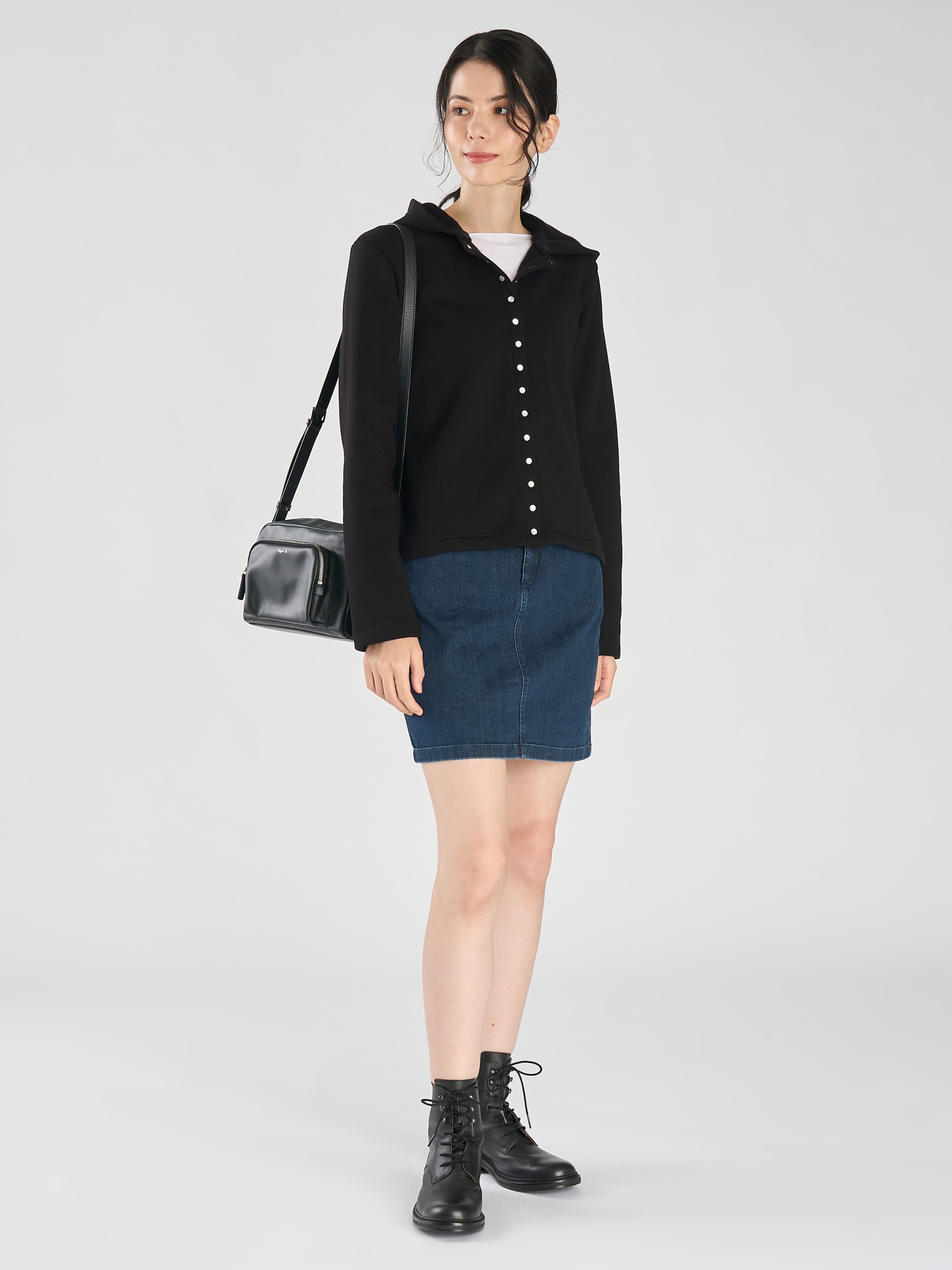black cotton snap cardigan with removable hood