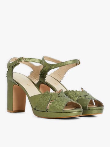 green leaf high-heeled leather sandals