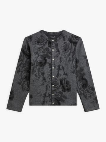 mottled grey wool snap cardigan "roses" pattern