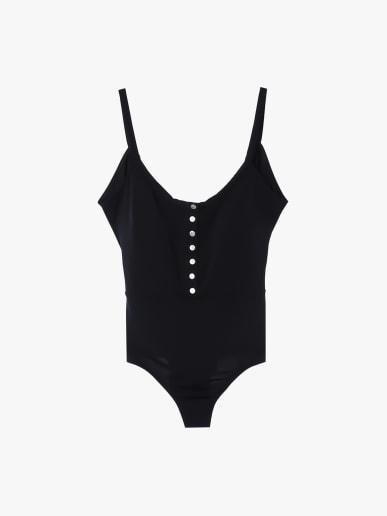 black one-piece snap swimsuit