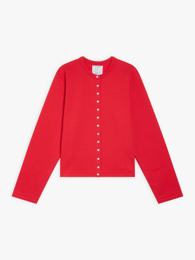 red cotton fleece snap cardigan