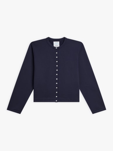 dark blue cotton fleece snap cardigan