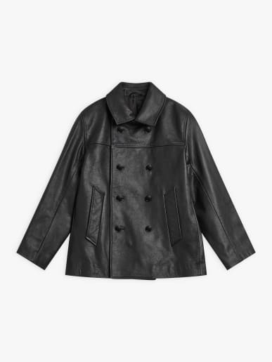 black goatskin leather pea coat