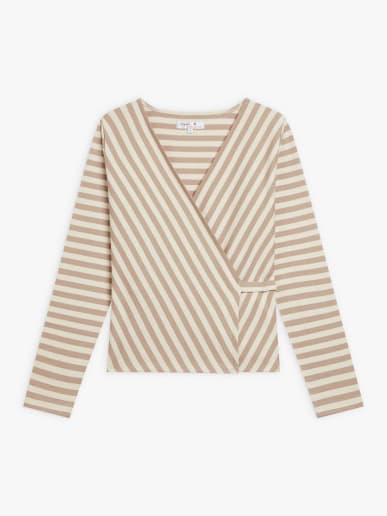 haut cache-coeur Zen en jersey de coton &agrave; rayures beige et &eacute;cru