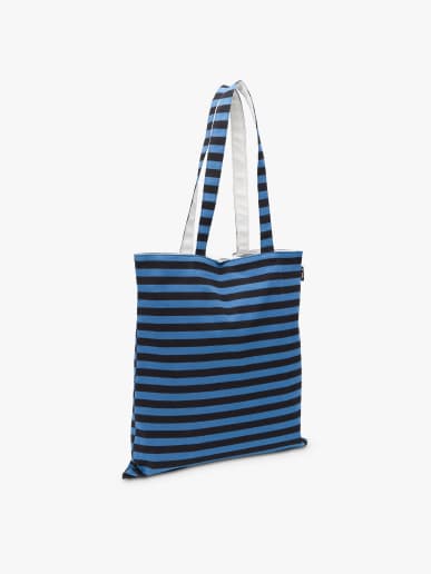 tote bag en coton r&eacute;versible &agrave; rayures bleu et noir