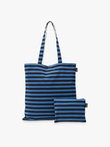 tote bag en coton r&eacute;versible &agrave; rayures bleu et noir