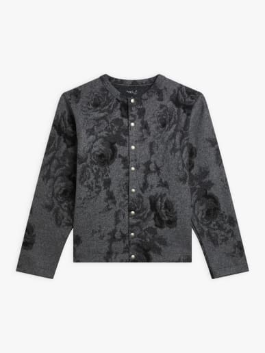 mottled grey wool snap cardigan "roses" pattern