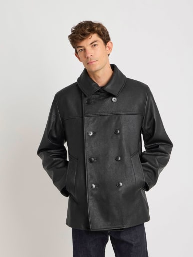 black goatskin leather pea coat