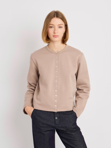 taupe cotton fleece snap cardigan