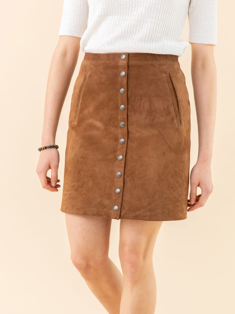 brown suede leather snap mini skirt