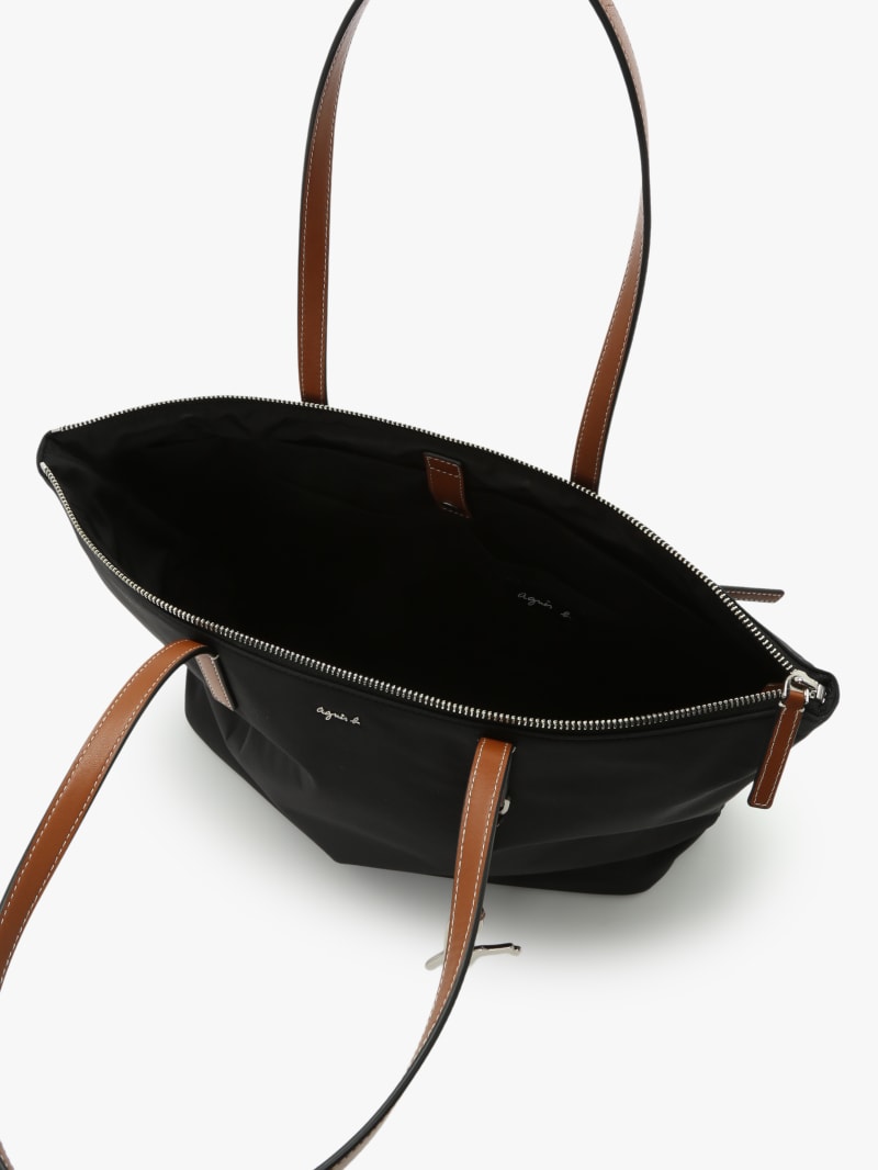 tote bag en nylon noir avec anses marrons image number 3