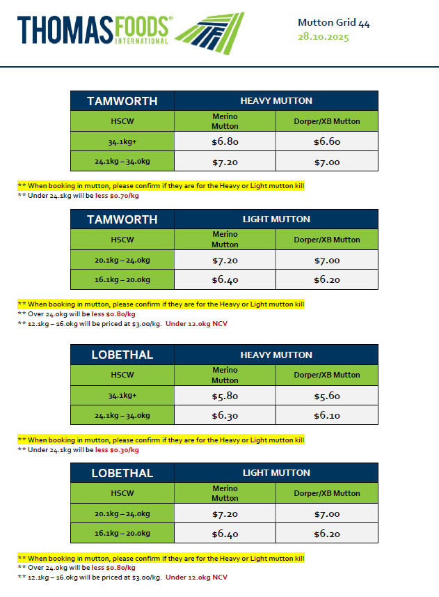 TFI Stawell Light Mutton grid update 28/10/25 ( Grid 44), Stawell VIC - Agora Livestock listing PZPI005