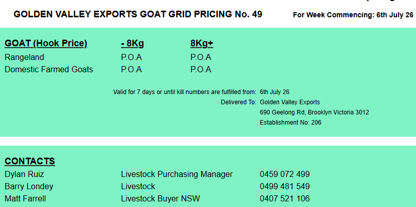 GOLDEN VALLEY EXPORTS GOAT PRICING grid 49 (WC 6th July ), Brooklyn VIC - Agora Livestock listing 2YXIK5R