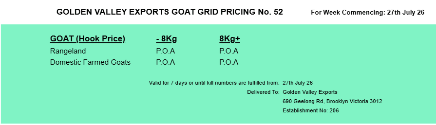 GOLDEN VALLEY EXPORTS GOAT PRICING grid 51 (WC 20th July ), Brooklyn VIC - Agora Livestock listing 2YXIK5R