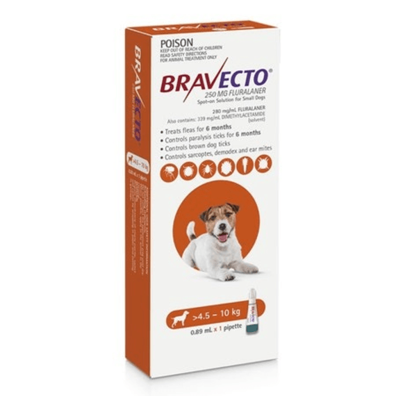 bravecto spot on dog sml 250 mg 4 5 10kg picture 1