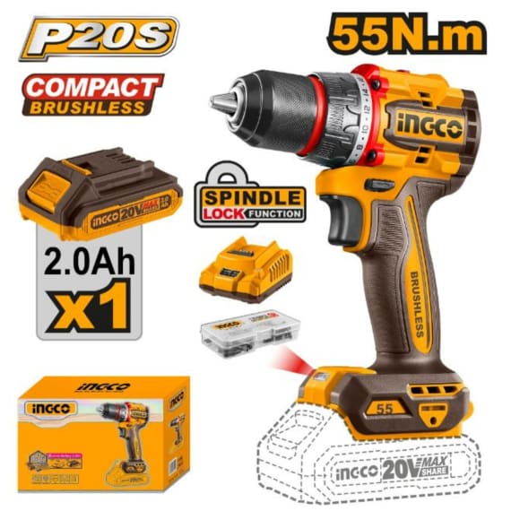 ingco 20v compact drill cordless brushless 55nm picture 1