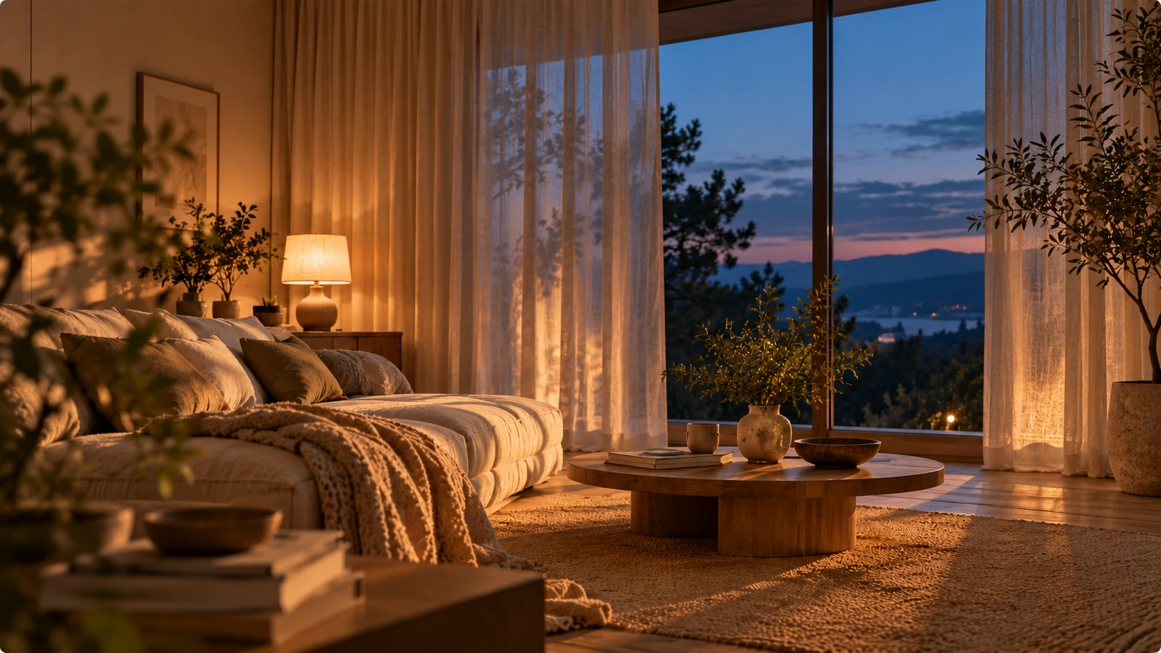 A softly lit living room overlooking the blue evening sky