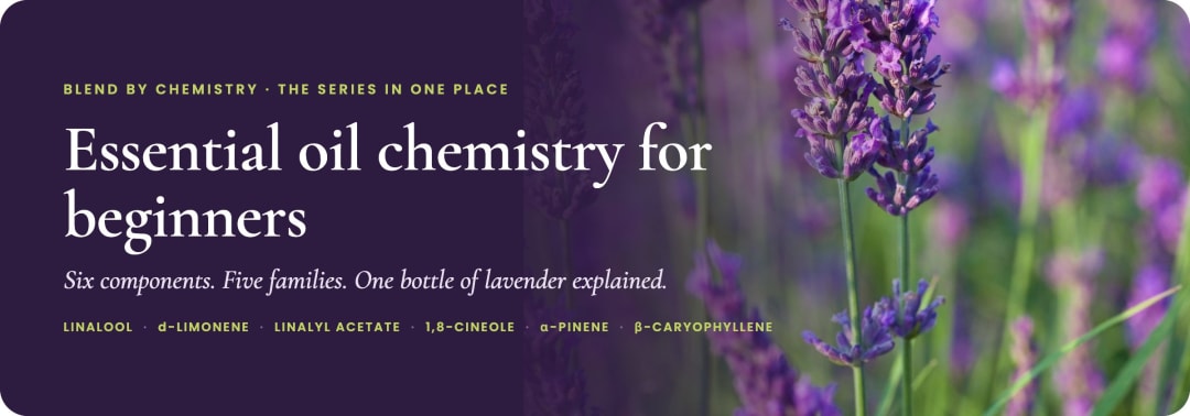 Essential oil chemistry for beginners, over a close-up of blooming lavender, with the six components in the series listed beneath