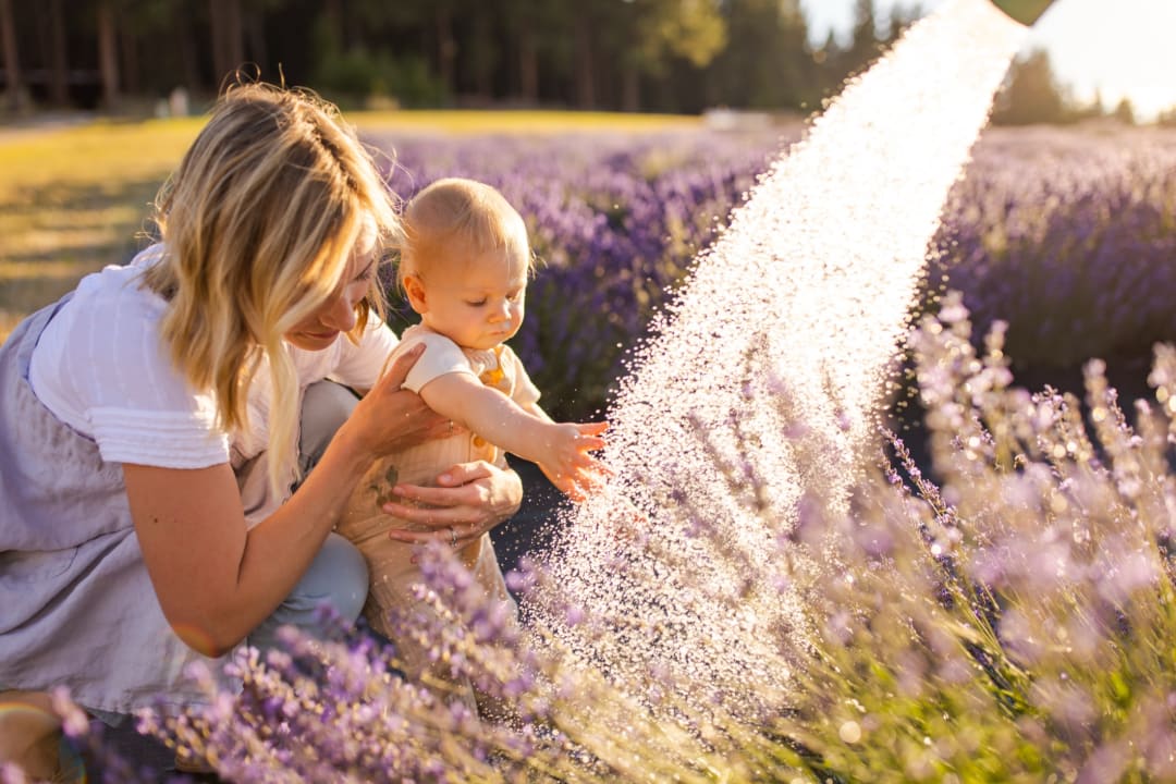 Mother and toddler in a lavender field at golden hour