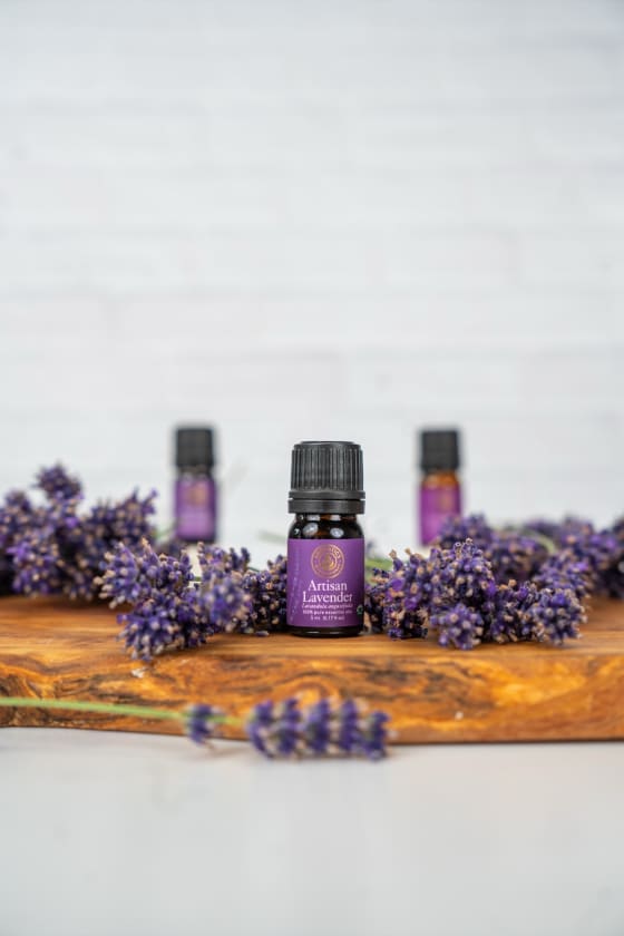 A bottle of Artisan Lavender essential oil among fresh lavender flowers on a wooden board