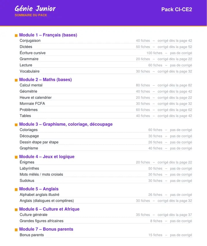 Page du sommaire du pack Génie Junior
