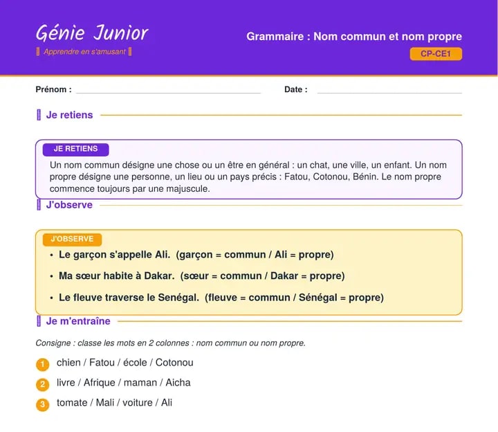 Fiche CI à CE2 : Grammaire · CP-CE1