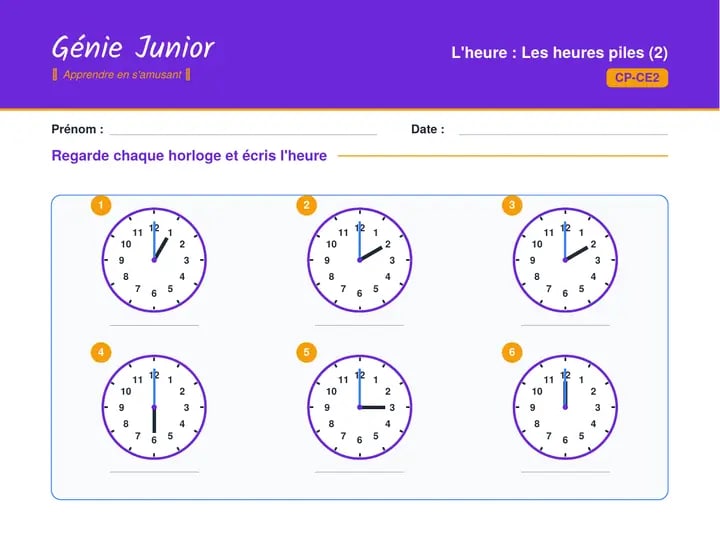 Fiche CI à CE2 : Lire l'heure · CP-CE1