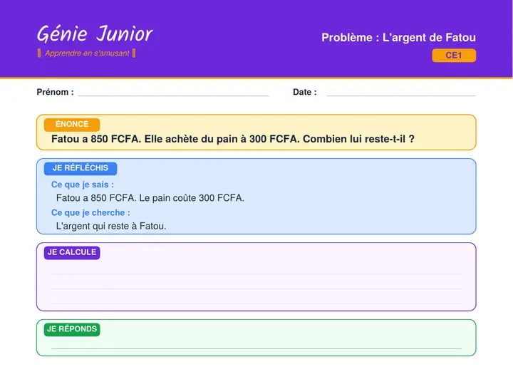 Fiche CI à CE2 : Problème en FCFA · CE1