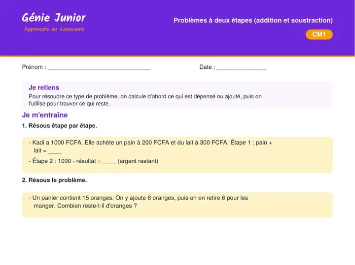 Fiche CM1 : Problèmes en FCFA