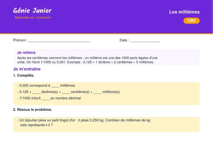 Fiche CM2 : Nombres décimaux