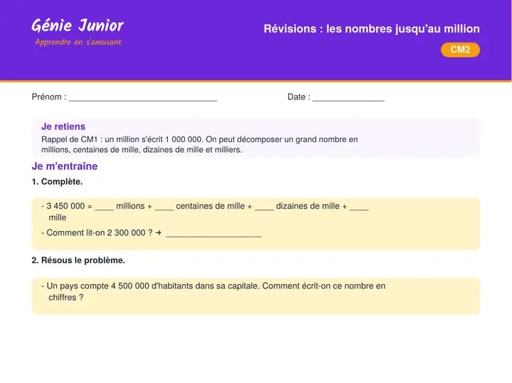 Fiche CM2 : Grands nombres