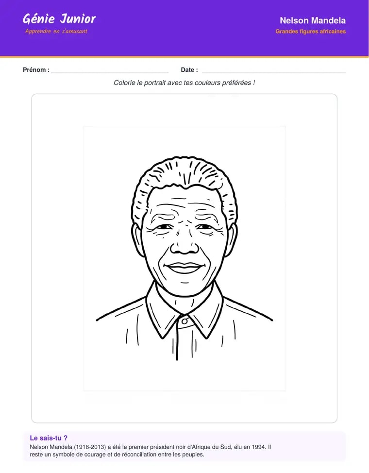 Portrait à colorier de Nelson Mandela avec encart Le sais-tu