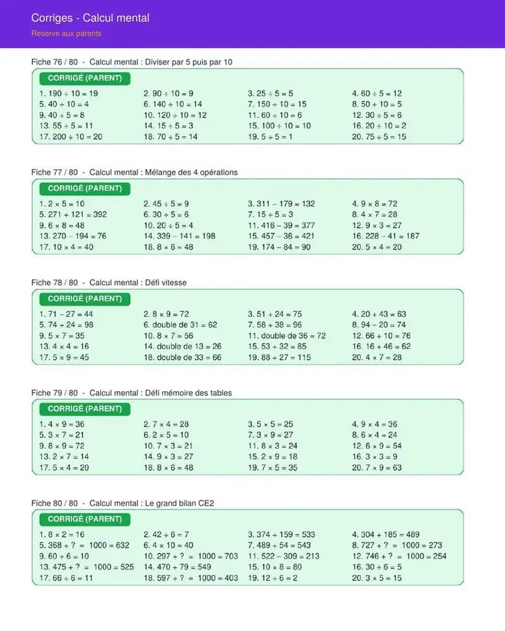 Fiche CI à CE2 : Corrigés réservés aux parents