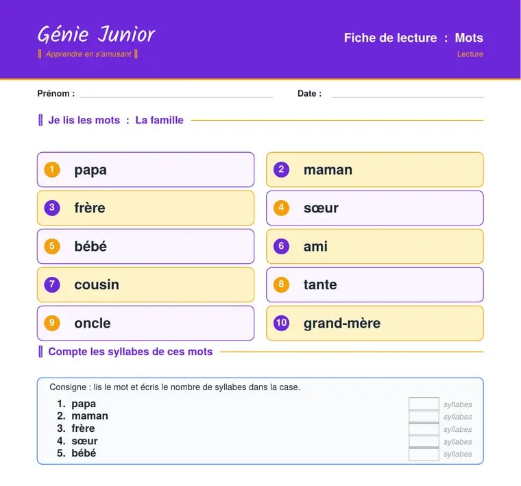 Fiche de lecture CP : les mots de la famille
