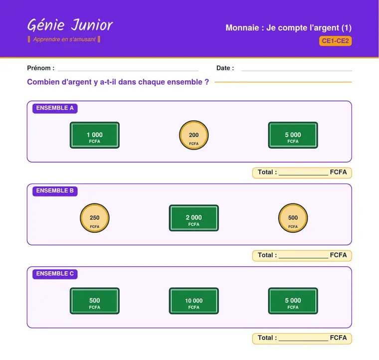 Fiche de maths : compter l'argent en FCFA